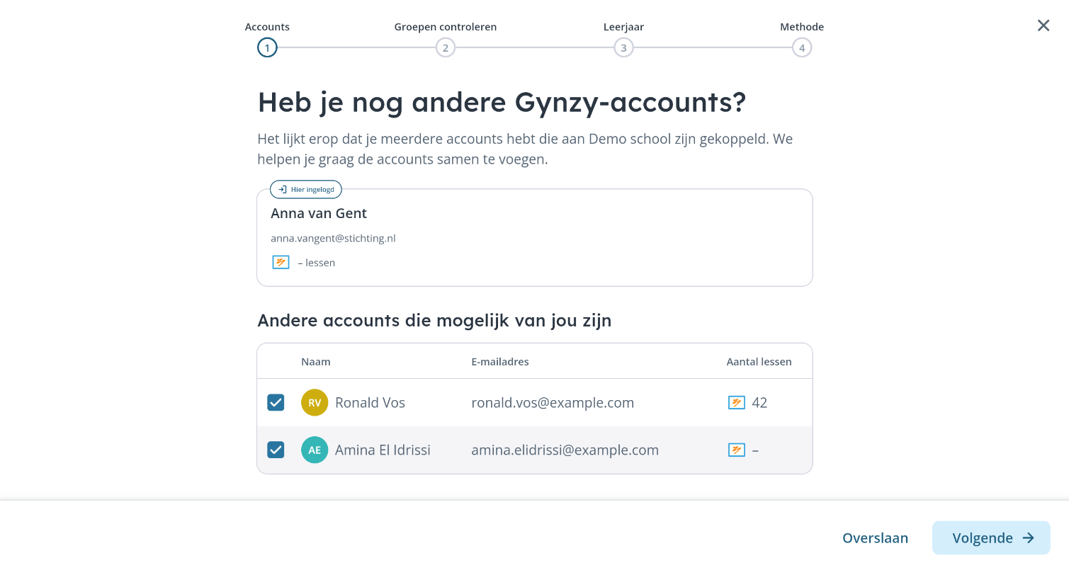 Step showing the signed-in account and two other accounts that may belong to the same teacher, with their number of lessons